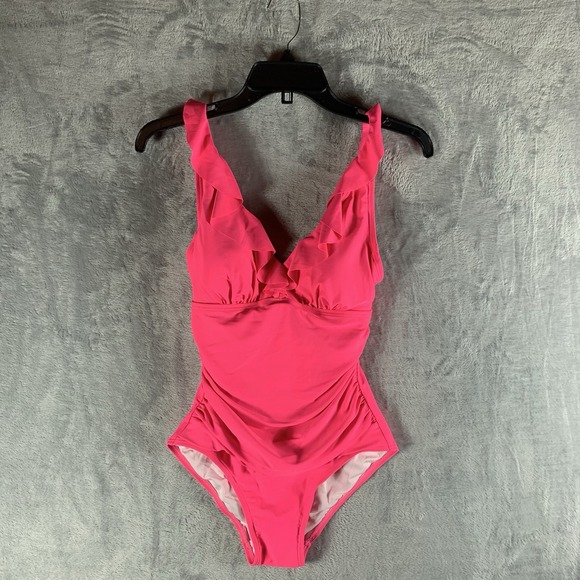 DKNY Women's Swimsuit 4 One Piece Pink Ruffle Underwire Plunge Tummy Control NWT - Picture 1 of 8